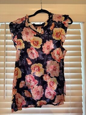 Old Navy Floral Navy Pink Yellow Cap-Sleeve Blouse